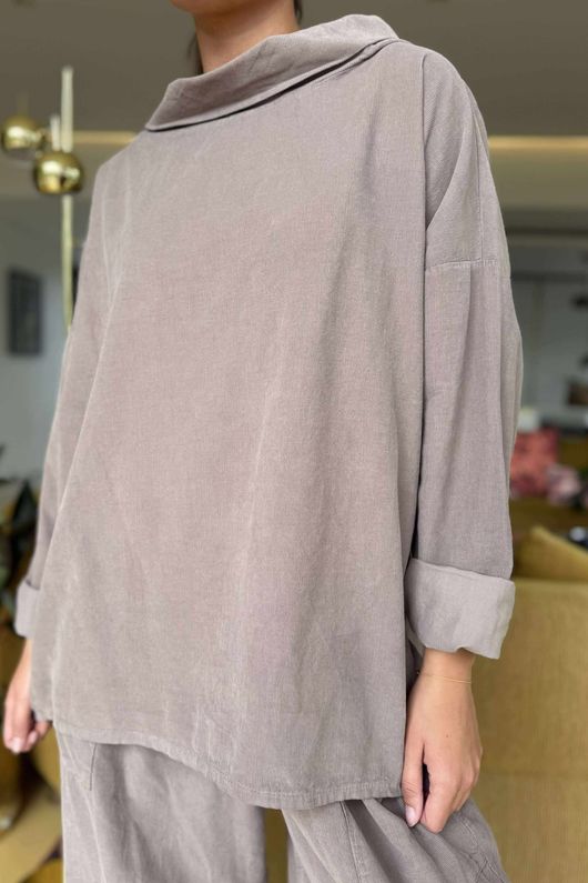 Made in Italy Cooper Needlecord Boat Cowl Neck Top Mocha